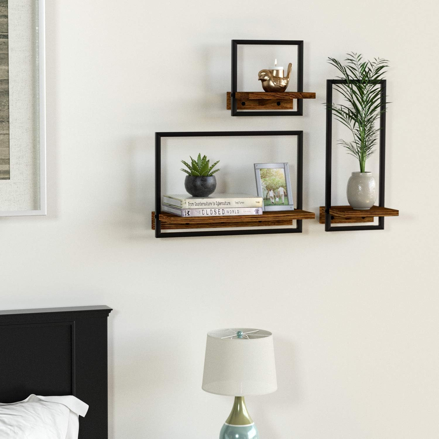 Metal Frame Rustic Wooden Floating Hanging Shelves, Home Decor Wall Mounted Display Organizing Shelf for Living Room, Bedroom, Office Bathroom. Set of 3