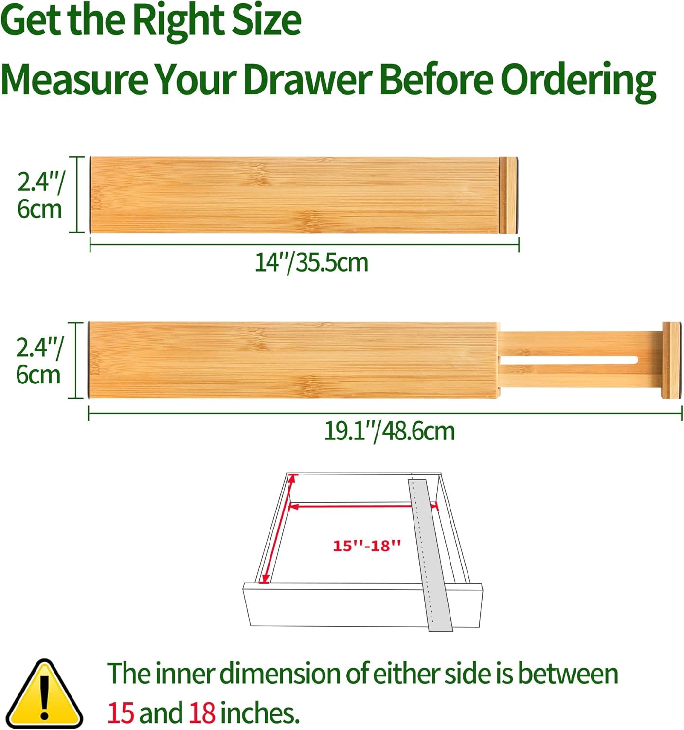 VaeFae 6-Pack Bamboo Drawer Dividers (Fits 15"-18" Drawer Inner Dimensions), Adjustable Expandable Organizer, Multi-Functional for Kitchen, Bedroom, Office & Bathroom