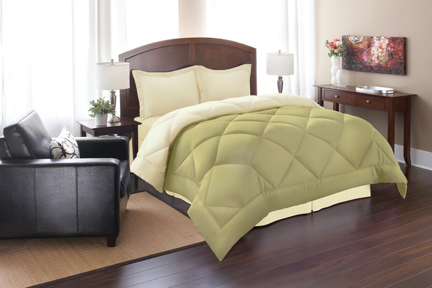 Elegant Comfort All Season Goose Down Alternative Reversible 3-Piece Comforter Set- Available in and Colors, Full/Queen, Sage/Cream