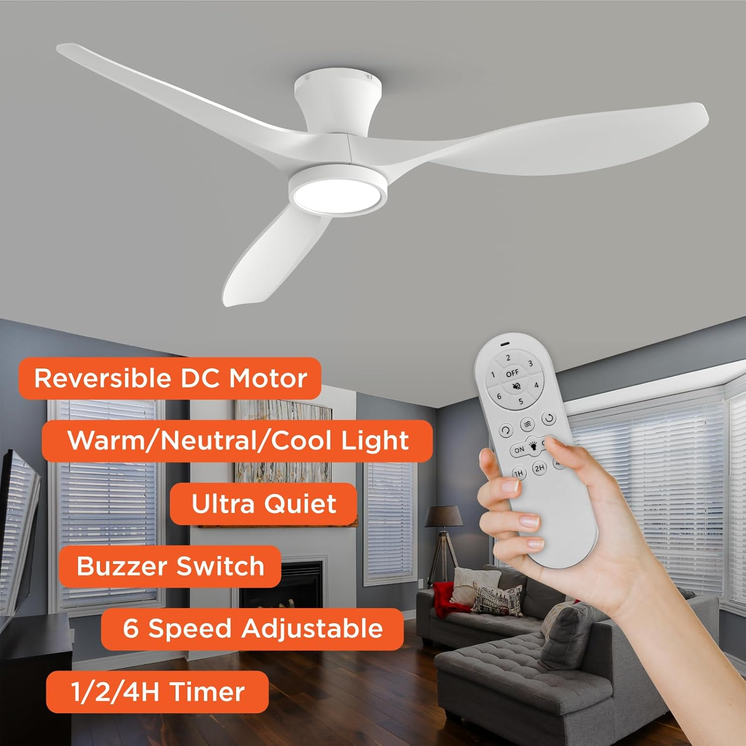TALOYA AeroFan 52-in Integrated LED Flush Mount Matt White with Matte Blades Ceiling Fan With Light and Remote ( 3 -Blade )