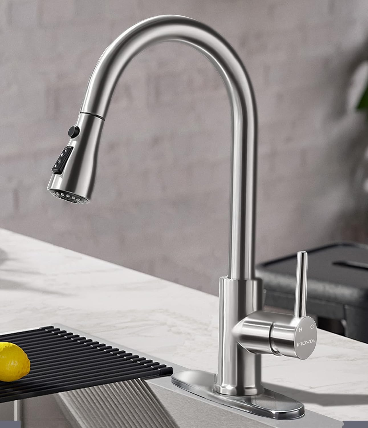 Kitchen Faucets Brushed Nickel Kitchen Faucet with Pull Down Sprayer High Arc Pull Out Kitchen Faucet Stainless Steel Kitchen Sink Faucets 1 or 3 Hole for Farmhouse Laundry Rv Bar Camper Home