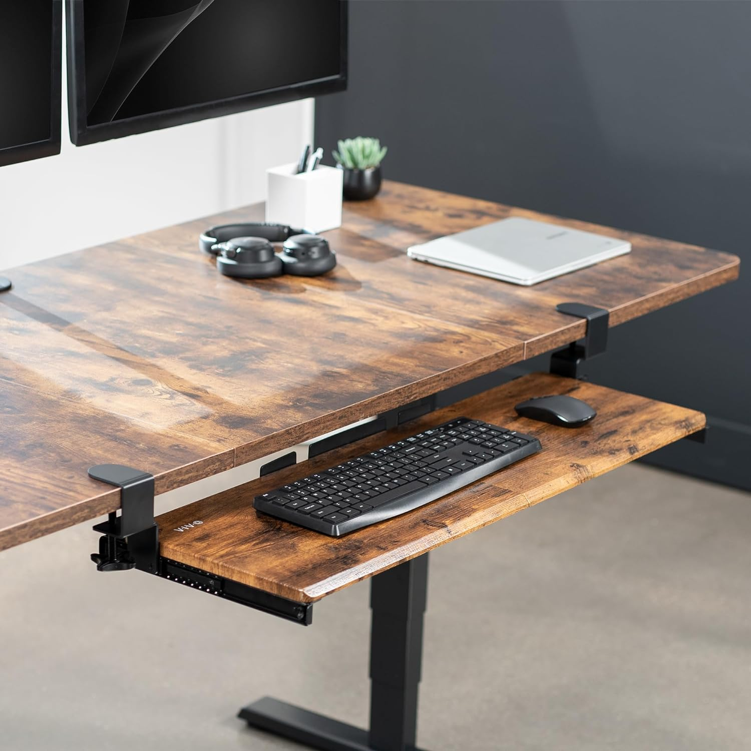 VIVO Vintage Brown Extra Long Clamp-on Computer Keyboard Mouse Under Desk Tray