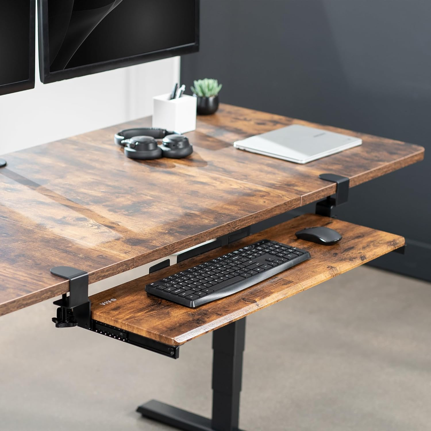 VIVO Vintage Brown Extra Long Clamp-on Computer Keyboard Mouse Under Desk Tray