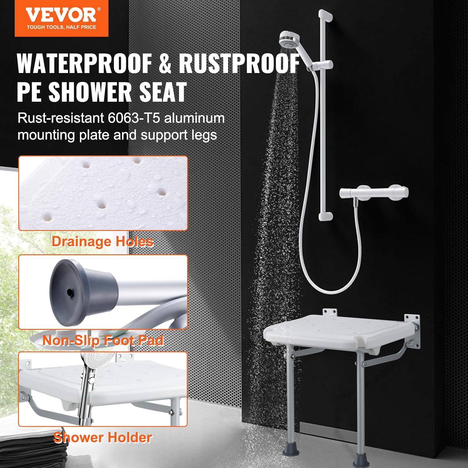 VEVOR Folding PE Shower Seat, 15.7'' x 14.8'' Unfolded, Wall Mounted Fold Up Shower Bench with 500 lbs Load Capacity, Space Saving Fold Down Shower Chair for Seniors Pregnant Women Children Adults