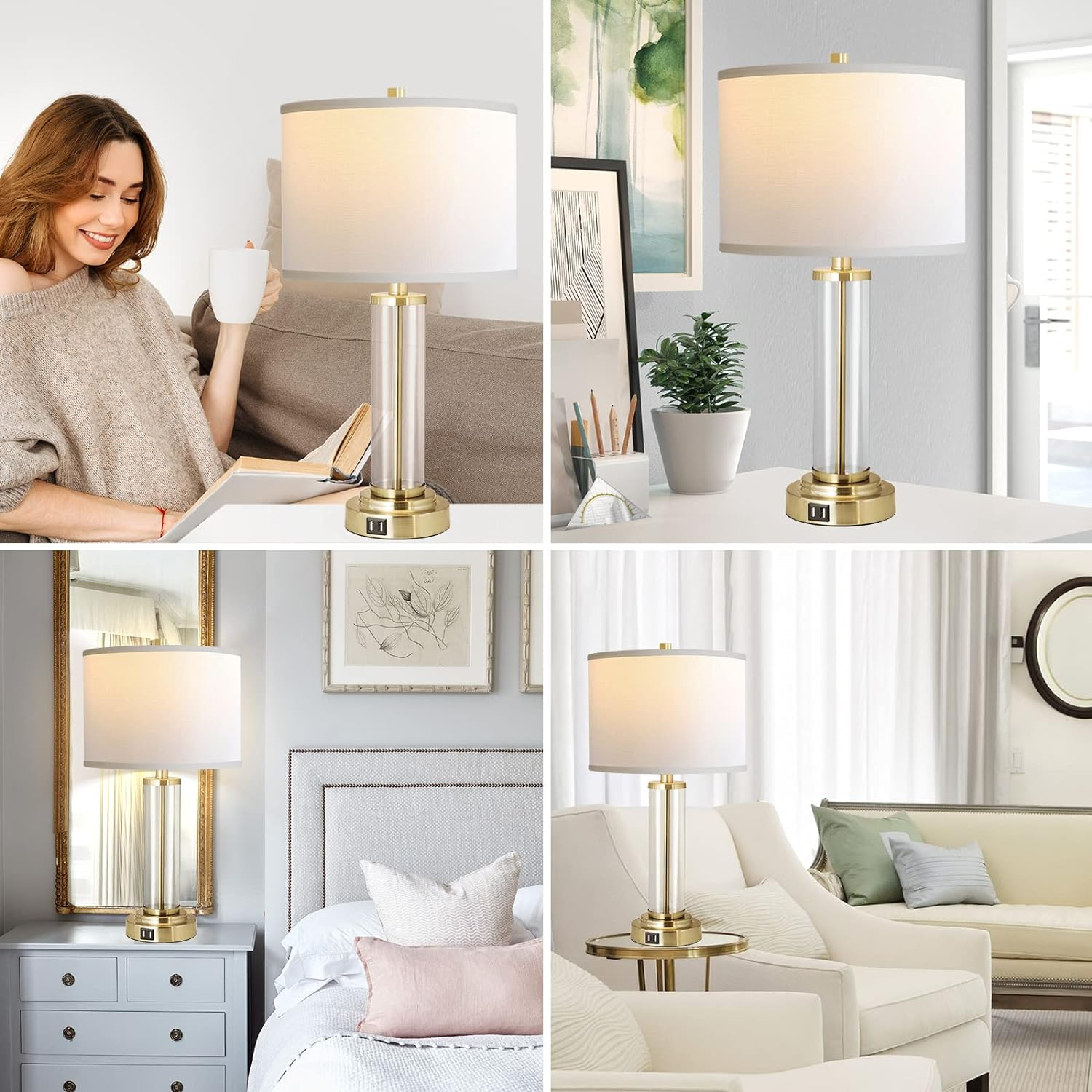 QiMH Lamps for Bedrooms Set of 2, Touch Control Table Lamps with Dual USB Ports, 3-Way Dimmable Bedside Lamp with Fabric Lampshade, Modern Nightstand Lamp for Living Room Bedroom (LED Bulbs Included)