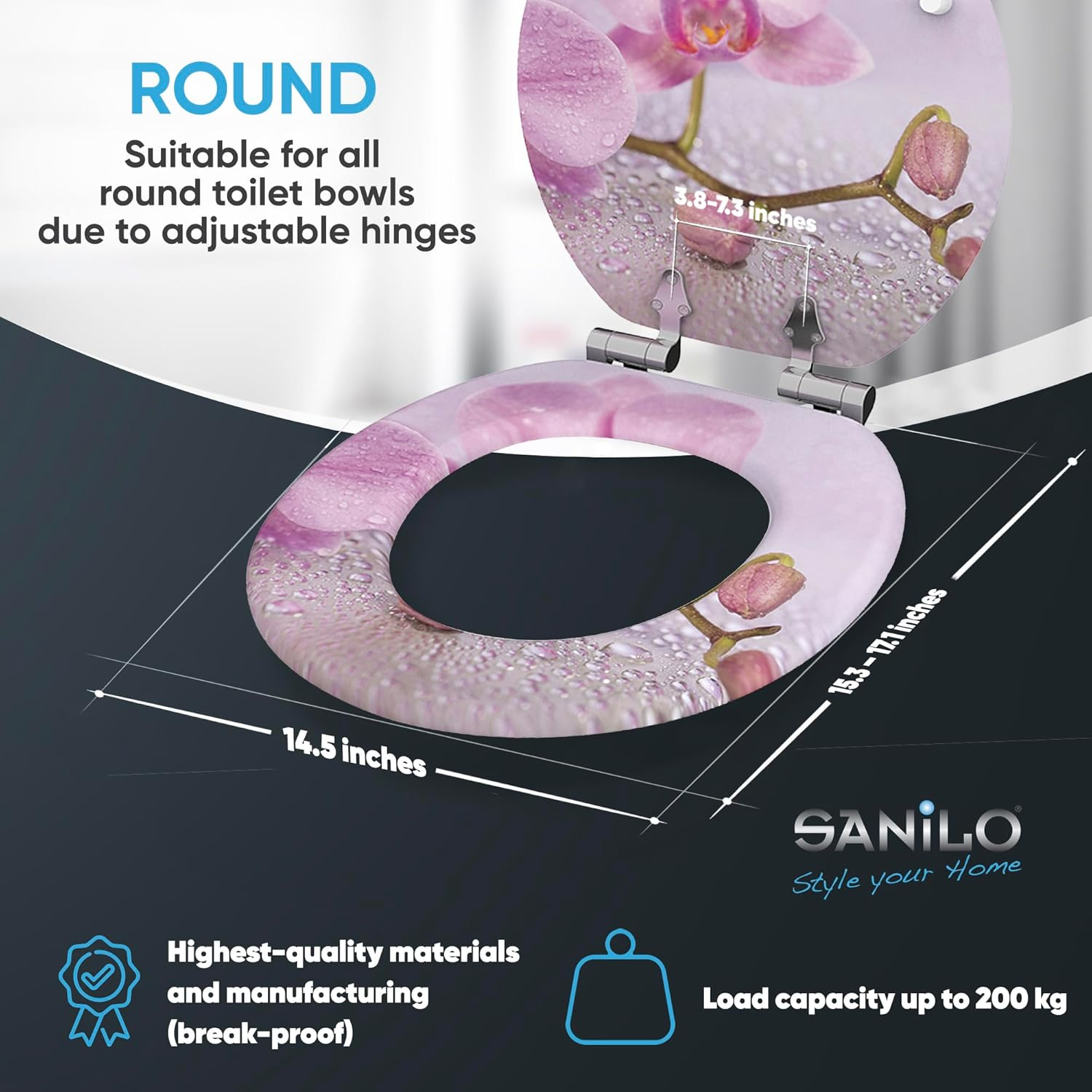 Sanilo Soft Close Toilet Seat ROUND, Quiet and Slow Close Lid and Seat, Strong Bumpers and Hinges, Blooming