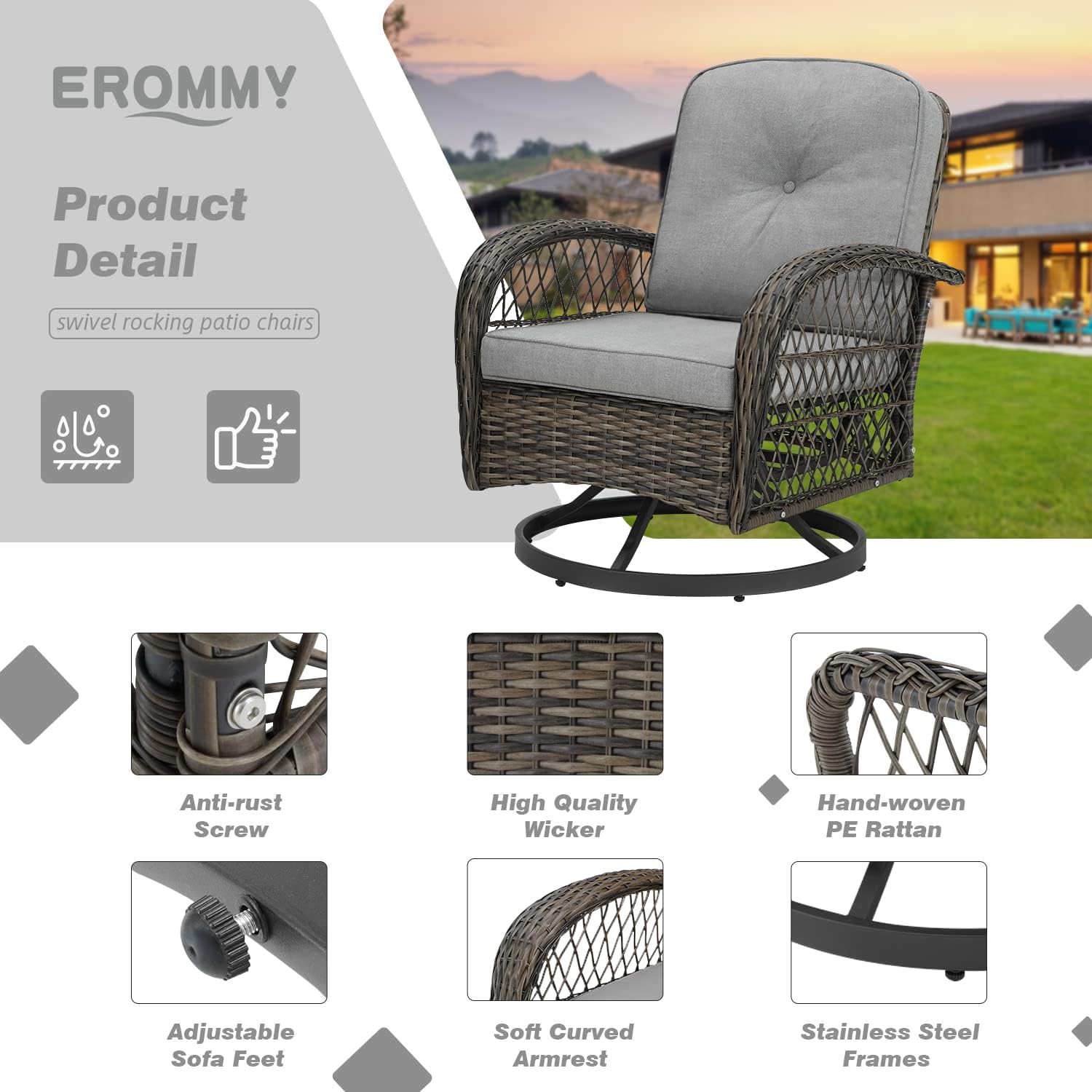 Gray Wicker Steel Frame Swivel Rocking Patio Set with Glass Table