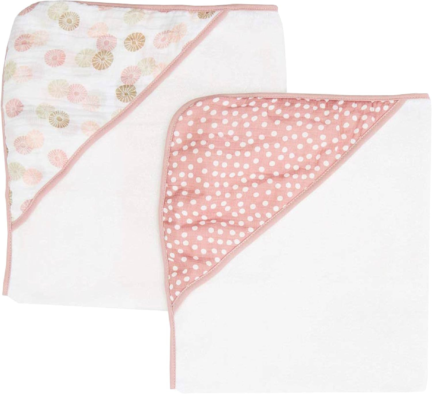 Spasilk Baby Hooded Towel Bath Set, Muslin Printed Hood, Pack of 2, Pink Shells