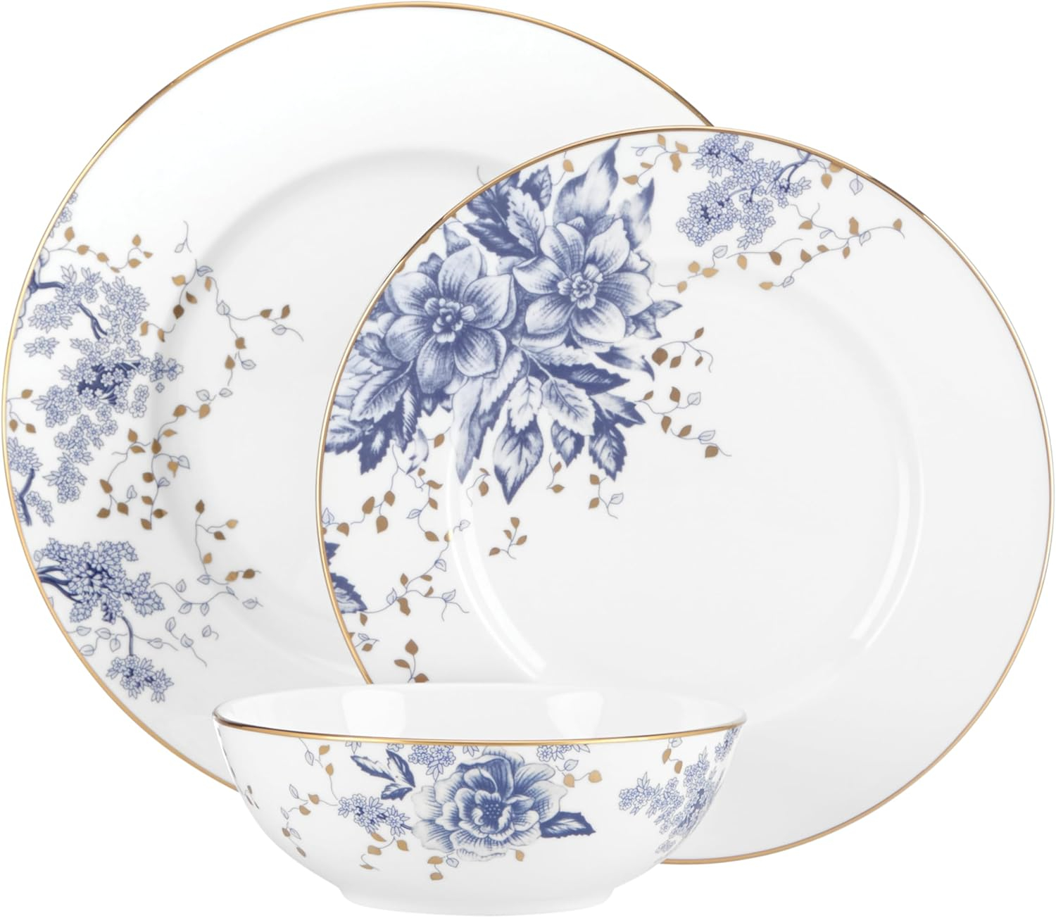 Blue and White Porcelain Salad Plates with Gold Trim, Set of Three
