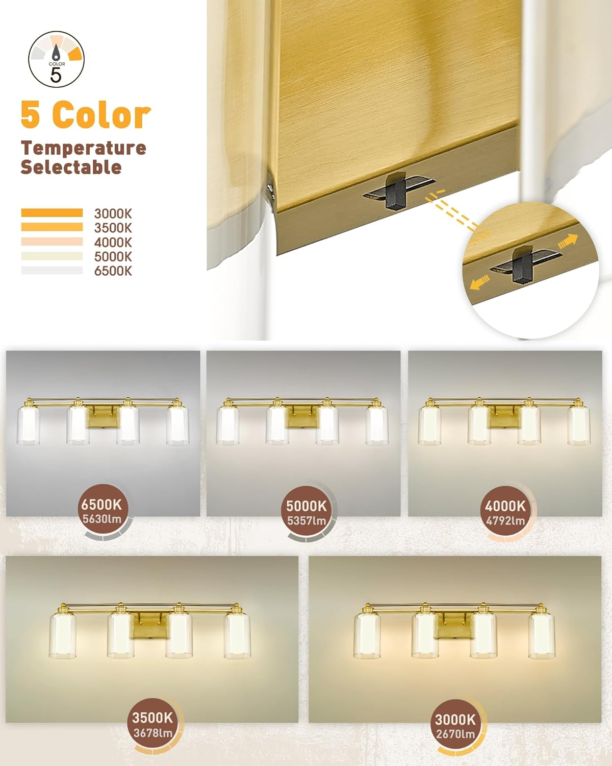 4 Light Bathroom Vanity Light, HWH Brushed Gold Vanity Lights for Bathroom Brass Bathroom Light Fixtures Clear Glass, Dimmable LED Vanity Lights for Mirror 24W 5CCT, 5HLT63B-4W-LED BG