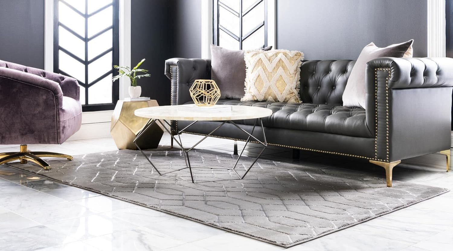 Gray Silver Trellis Rectangular Cotton Synthetic Area Rug