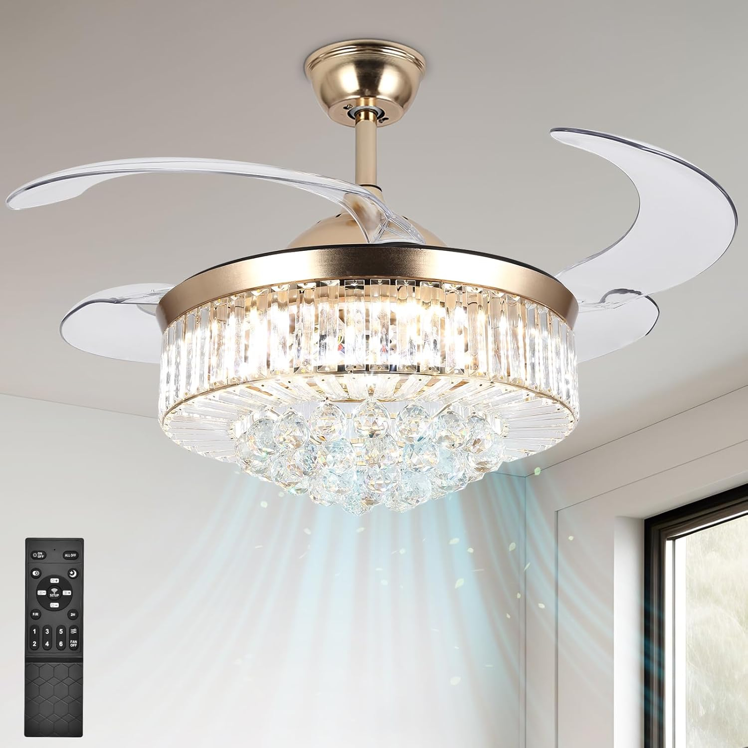 Panghuhu88 42" Invisible Ceiling Fan Chandelier Light,Modern Crystal Ceiling Fan Light Remote Control 4 Retractable ABS Blades for Bedroom Living Room Dining Room Decoration