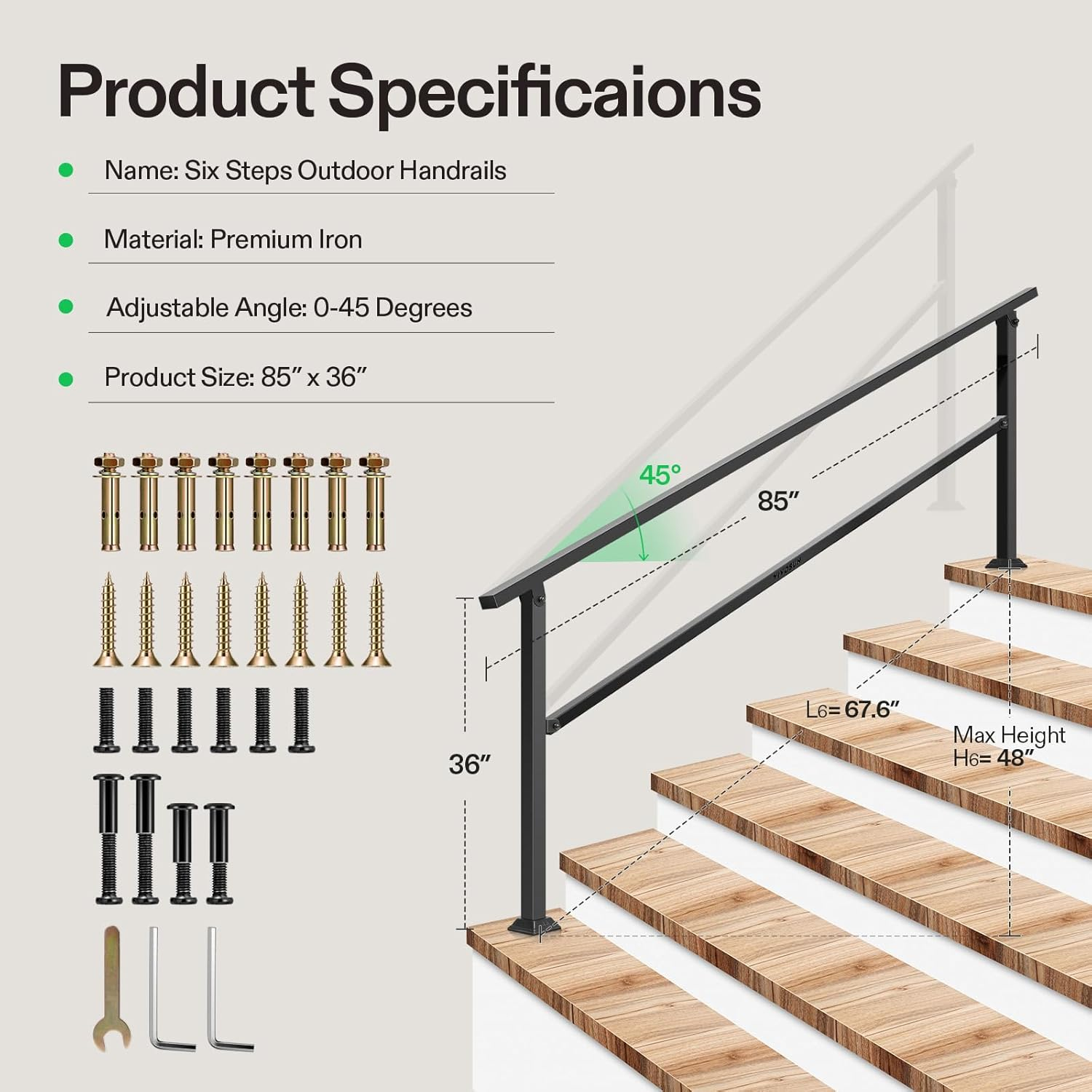 6-Step 36 in. H x 85 in. W Outdoor Black Wrought Mattle Iron Stair Railing Kit