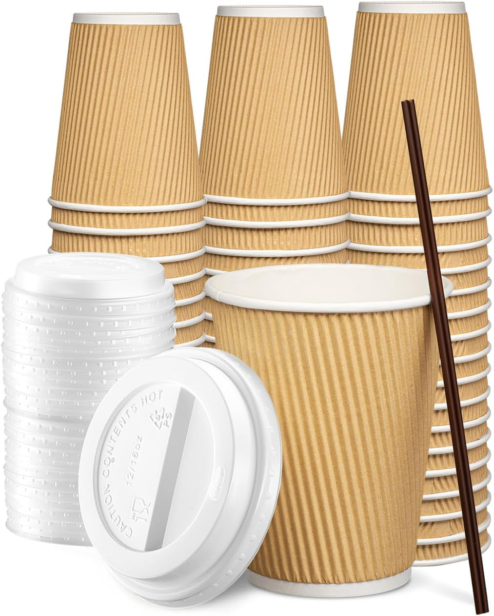 GUSTO Disposable Coffee Cups with Lids 12 Oz Insulated Paper Cups, 100-Pack