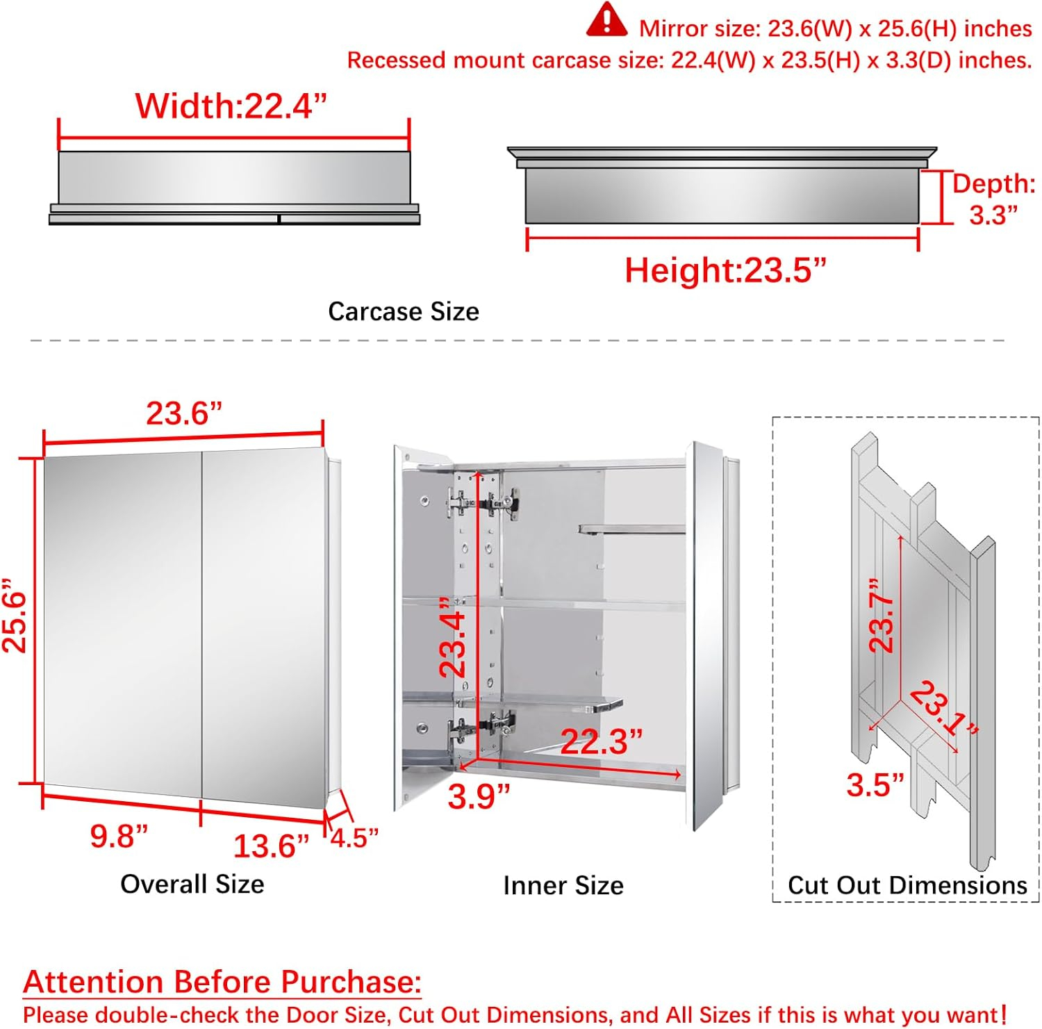 Fundin Stainless Steel Medicine Cabinet, Bathroom Mirror Cabinet, Surface Mount and Recess Mount, 23.6 x 25.6 inch, with Unique Half-Shelves for Greater Storage adjustability