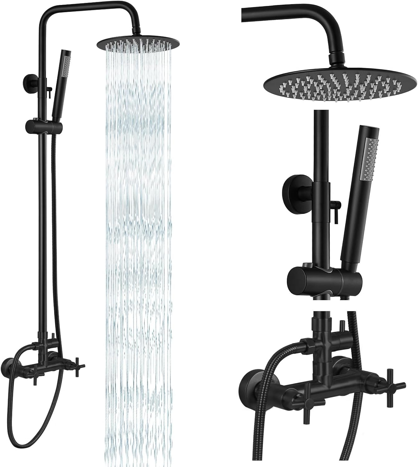 gotonovo Matte Black Outdoor Shower Fixture Rainfall Single Handle Shower System Set High Pressure Wall Mount 2 Dual Function 8 Inch Shower Head and Handheld Spray SUS304 Shower Faucet Combo