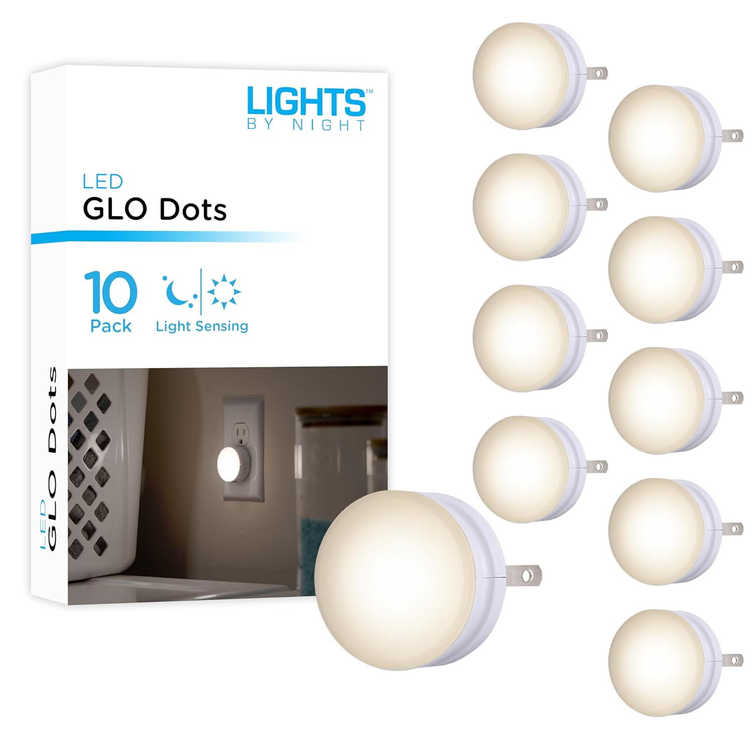 Lights by Night Mini LED Night Light, 10 Pack, Plug-in, Dusk to Dawn, Compact, UL-Listed, Ideal for Office, Bathroom, Bedroom, Nursery, Hallway, Kitchen, White, 55166, 10