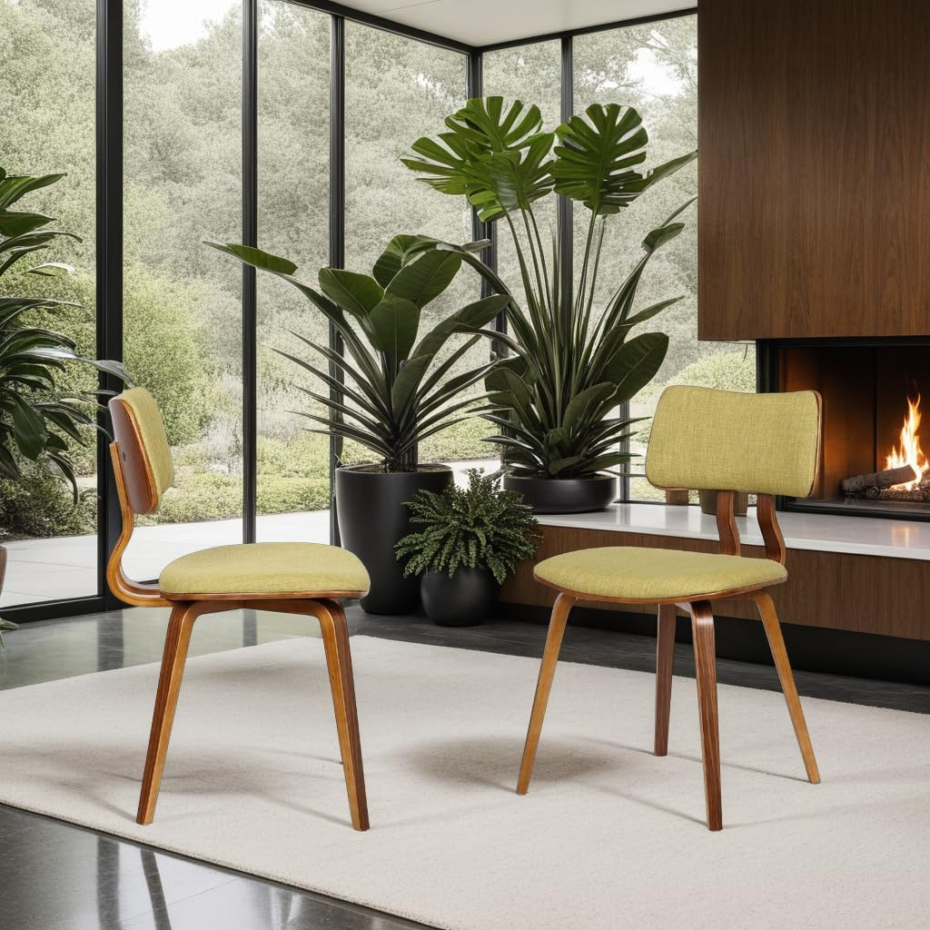 Jaguar Mid-Century Modern Kitchen Dining Table Accent Chair in Walnut Wood and Green Fabric