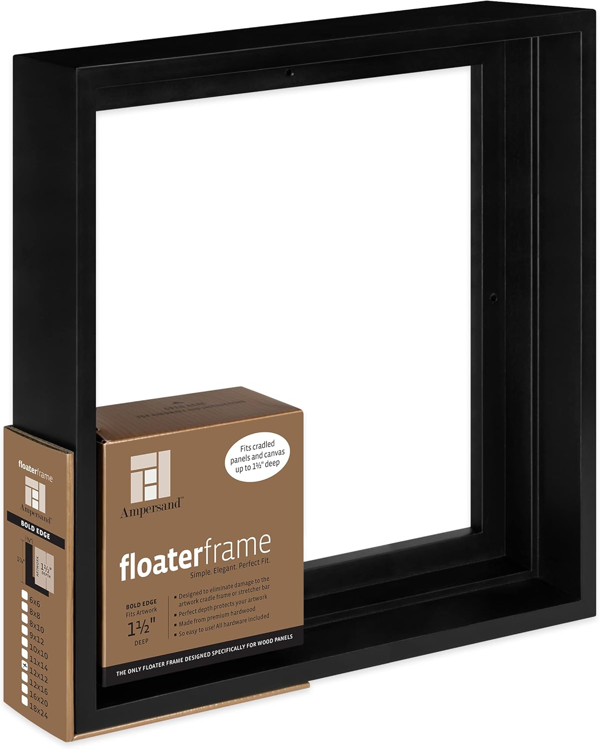 Ampersand Art Floaterframe, Bold Edge, 1-1/2", 12" x 12", Black