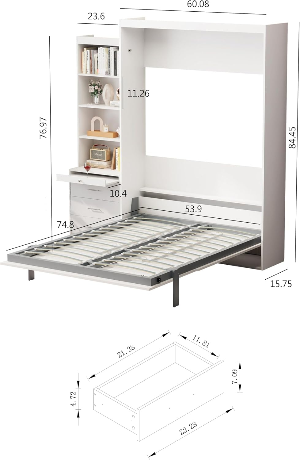 Bellemave Modern Full Size Murphy Bed with Storage Shelf and Drawers for Bedroom or Guestroom,Murphy Chest Bed Space-Saving Folding White Wall Bed with New Style,White