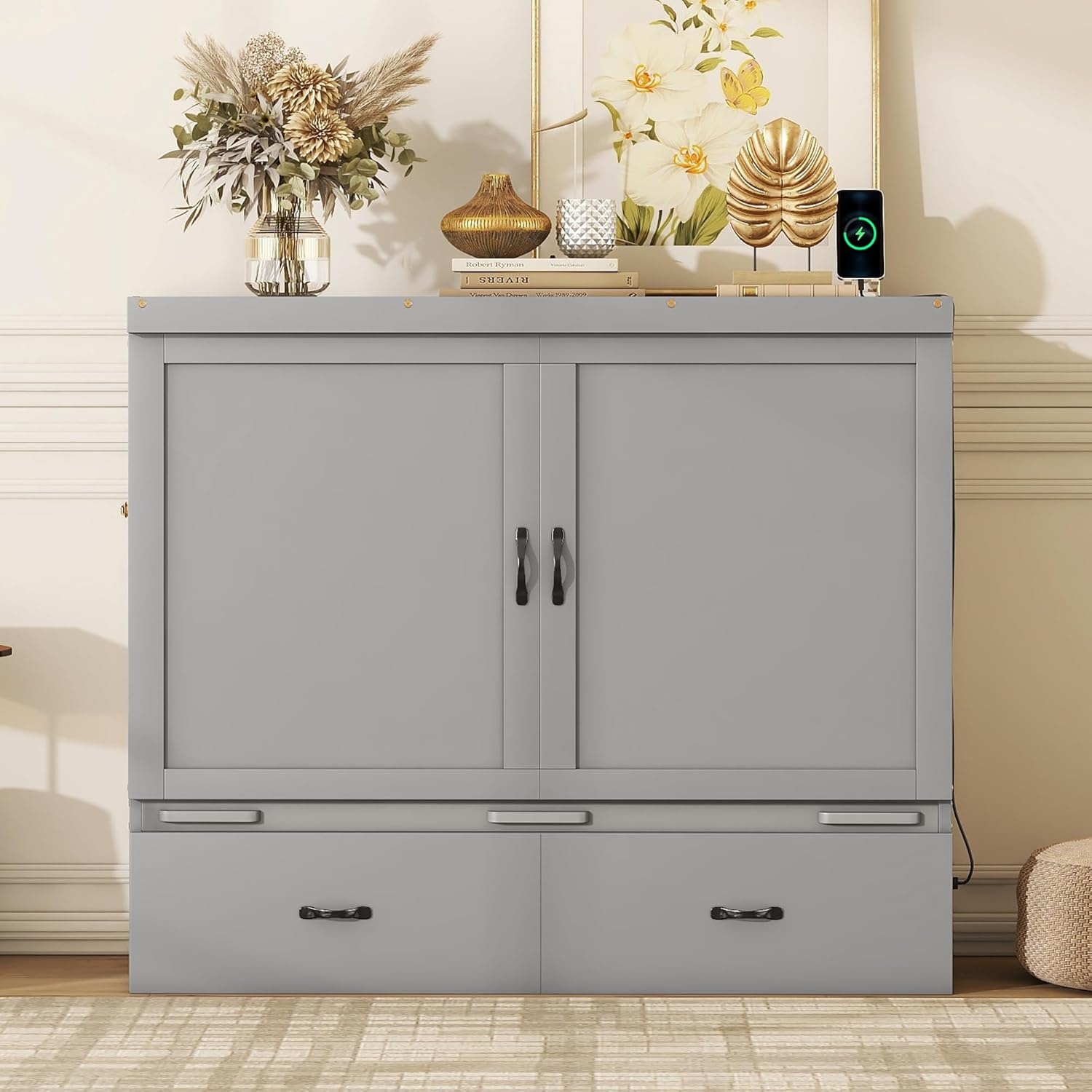 Harper & Bright Designs Full Size Murphy Bed with USB Port and a Large Drawer, Space-Saving Wall Bed for Multipurpose Guest Room or Home Office - White