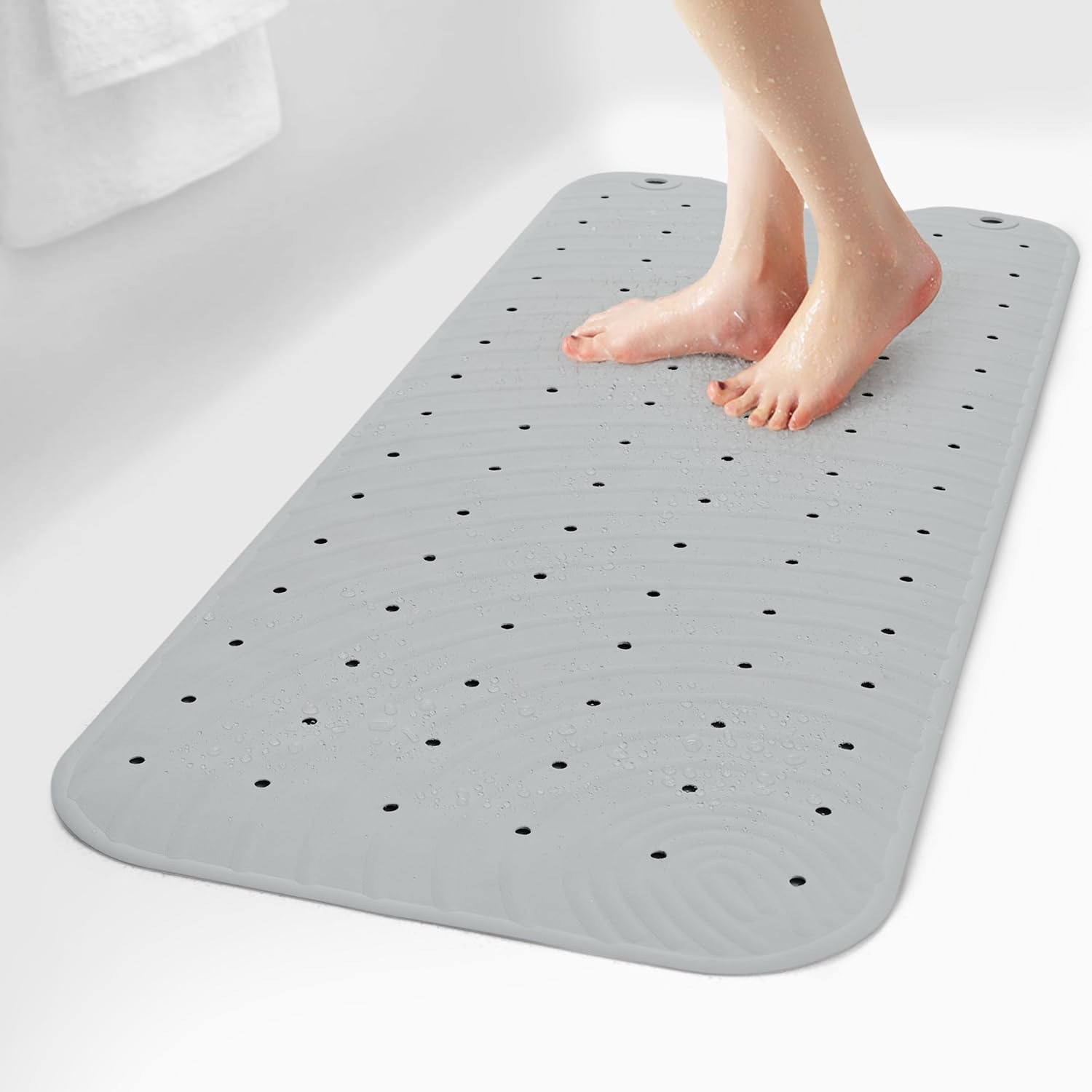 Extra Long Rubber Bathtub Mat, Non-Slip Shower Tub Mat, 39x16 Inch, Bath Tub Floor Mat with Suction Cups and Drainage Holes, Grey