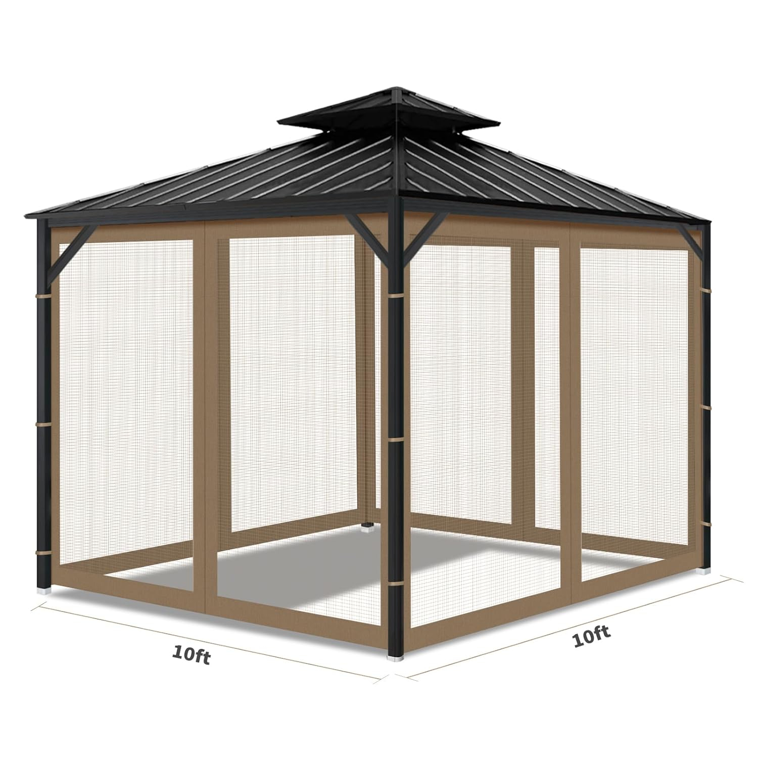 Gazebo Universal Replacement Mosquito Netting, 10'x10' Gazebo Netting Outdoor, 4-Panel Screen Walls for Outdoor Patio with Zipper (Mosquito Net Only) (Brown)