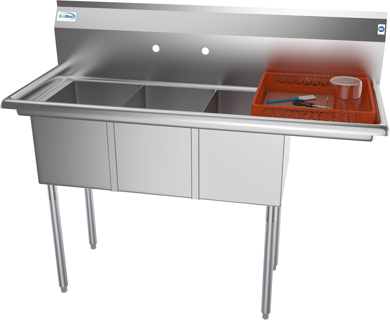 KoolMore 51 in. Three Compartment Stainless Steel Commercial Sink with Drainboard, Bowl Size 12"x 16"x 10"