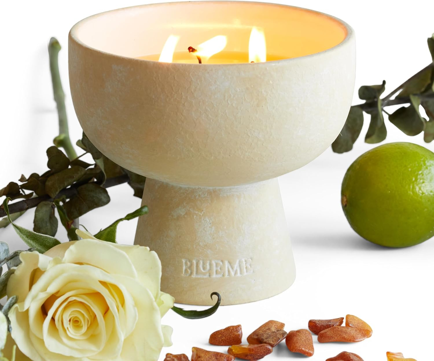 BLUEME Focus-Eucalyptus & Lime, 3 Wick, Refillable Wellness Candle, Contains Essential Oil, Sustainable, Hand Finished, Hand Poured, Premium, Luxury Ceramic, Natural Cotton Wick, Soy-Wax Blend