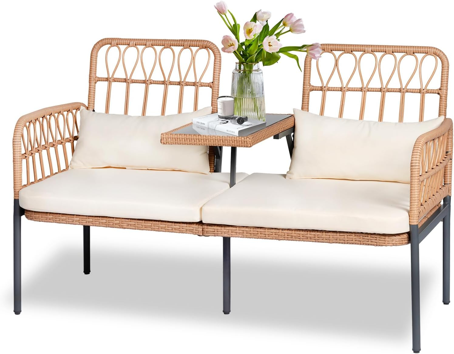 Outdoor Loveseat 2 Pieces Patio Furniture Set, Porch Furniture Wicker Large Loveseats, Patio Conversation Sets with Cushions & Lumbar Pillows and Built-in Table