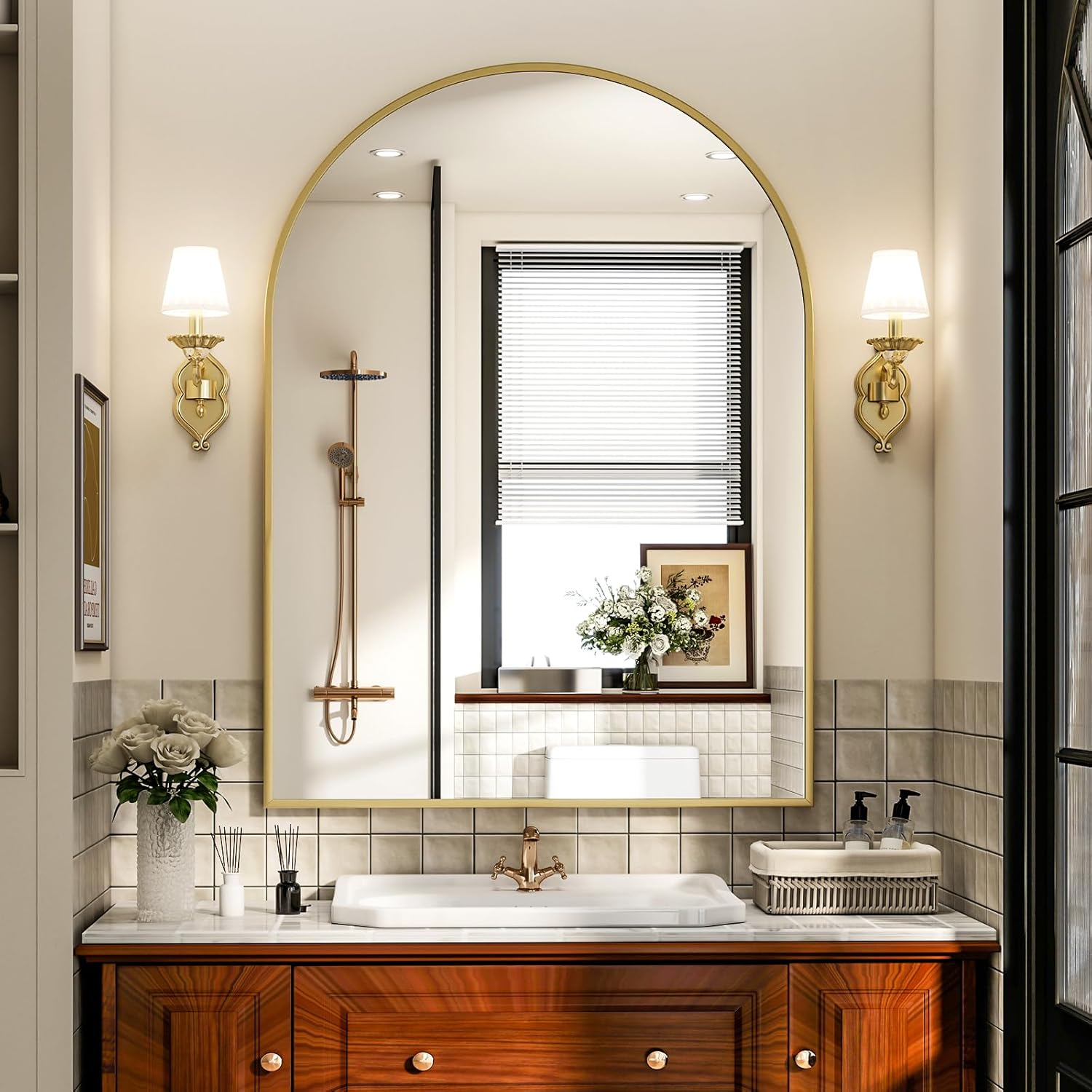 Luxhomez 36" x 24" Arch Wall Mirror for Vanity/ Bathroom, Metal Bathroom Mirror with Waterproof Aluminum Alloy Frame, Gold