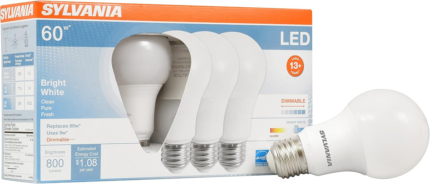 Sylvania LED Light Bulbs, 9W (60W Equivalent), Bright White 3500K, 4-count