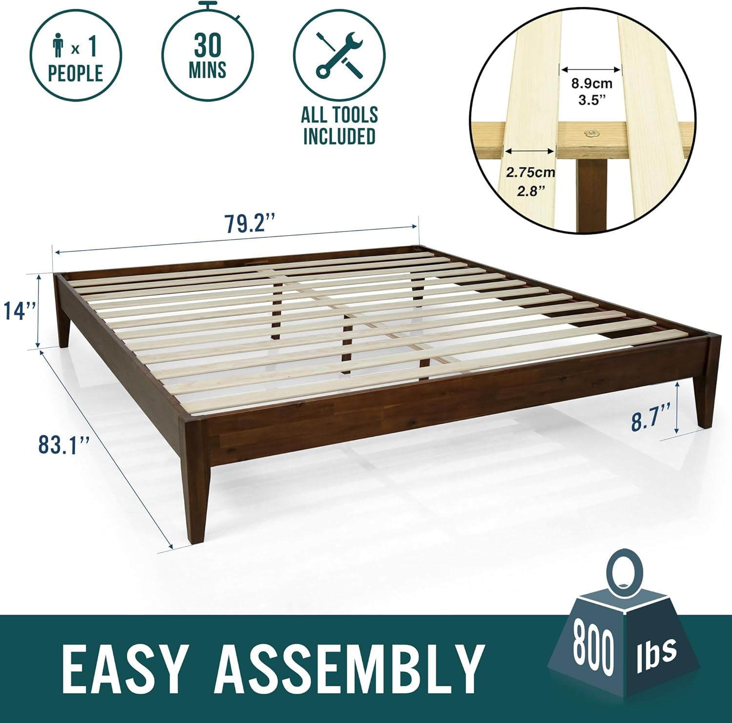 Acacia Mervyn Wooden Bed Frame, 100% Solid Wood Platform Bed, All Mattress Support & No Box Spring Needed, Effortless Assembly, 800 lbs Capacity, 5 Years Warranty Bedroom Furniture (Chocolate, King)