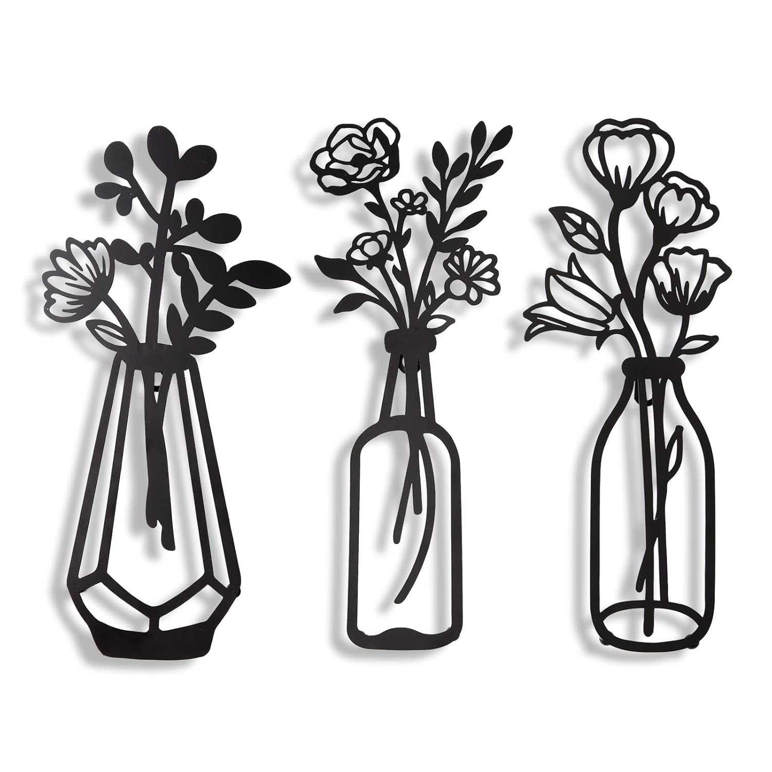 3 Pieces Black Metal Flowers Wall Decor Vase Art Sculptures Hanging for Indoor Kitchen Bathroom Dining Room Patio, 14.56x7.48 Inches