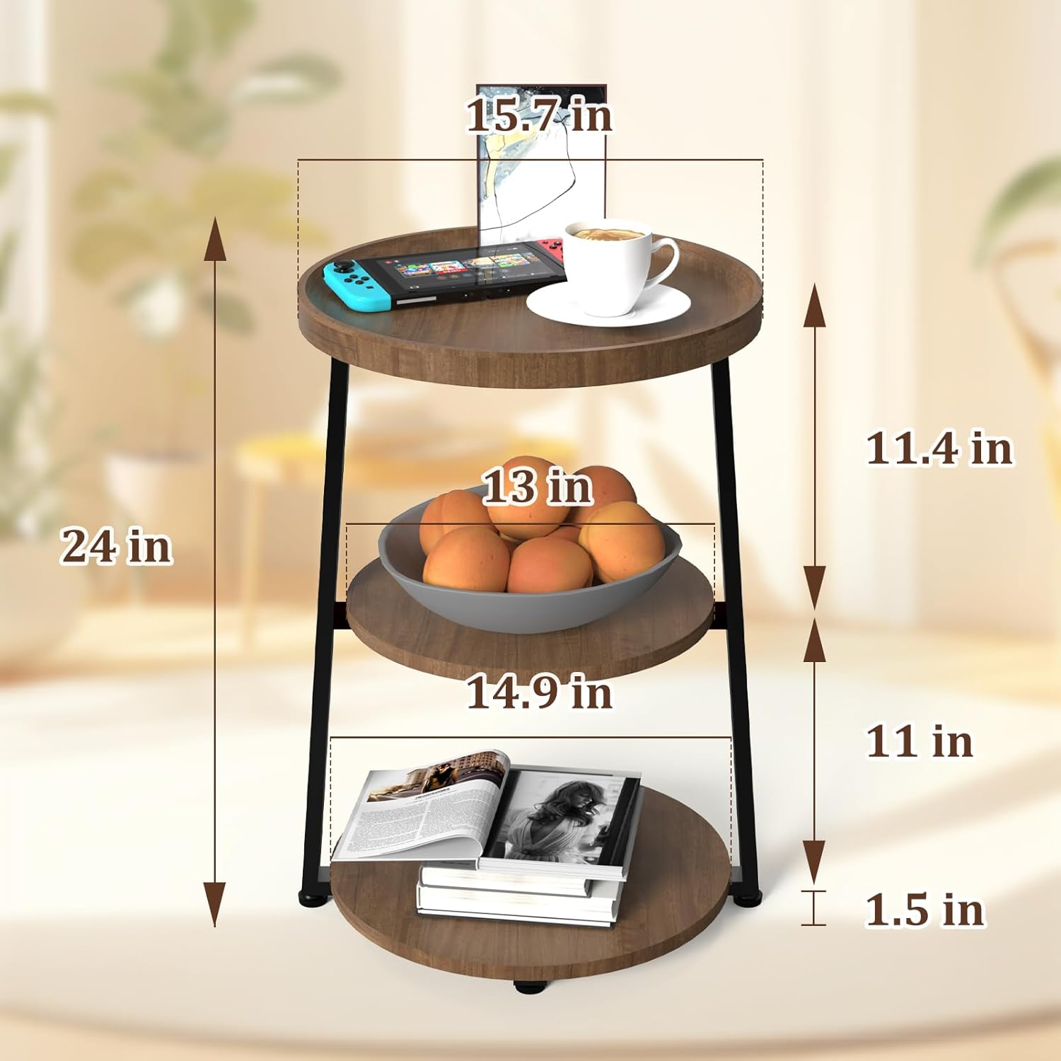 Round End Table with Charging Station, 3-Tier Accent Side Table for Living Room Bedroom Couch, Coffee Table for Small Spaces (Rustic Brown-Charging Station)