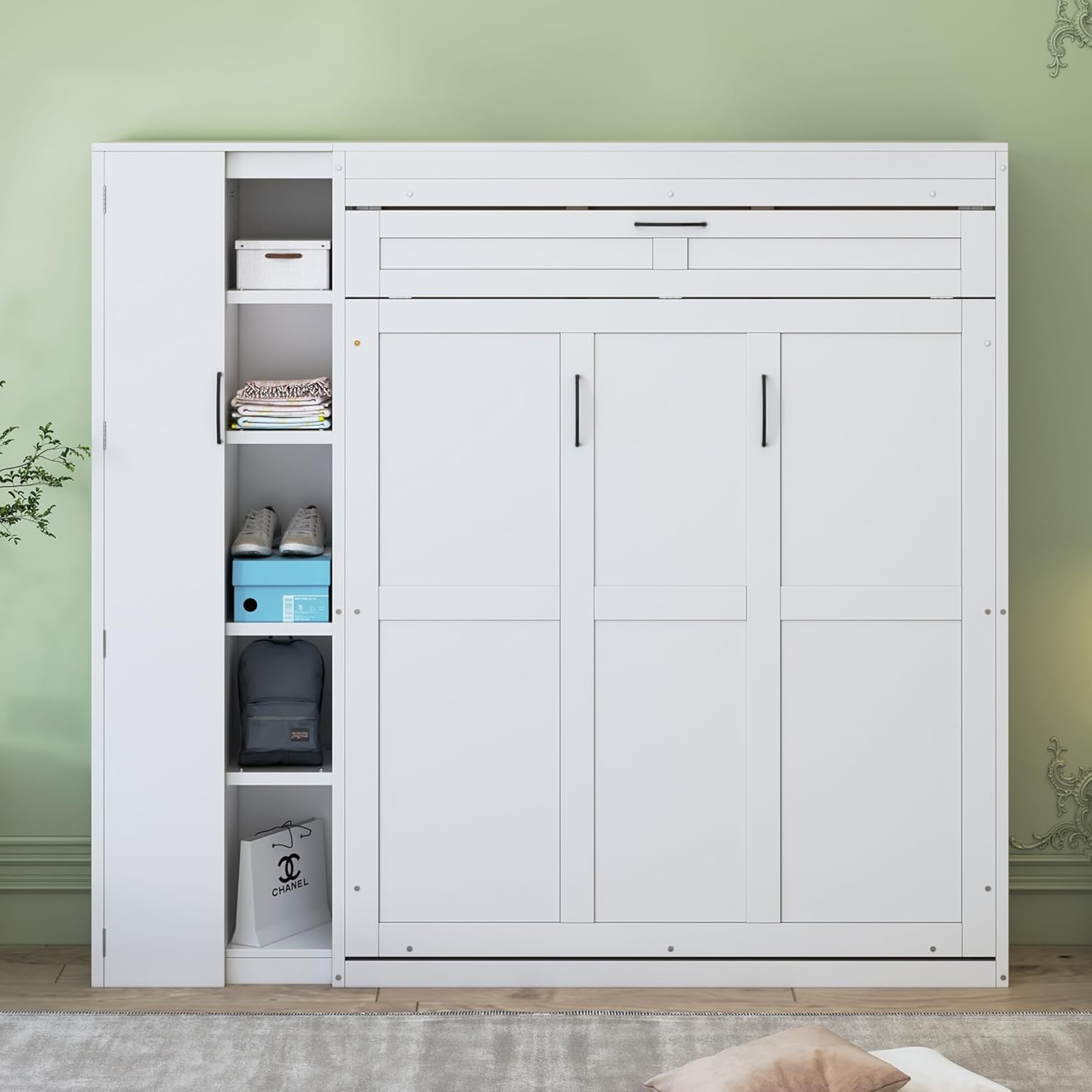 P PURLOVE Murphy Bed Full, Wood Wall Bed with Shelves, Wardrobe and LED Lights, No Box Spring Needed (Gray)