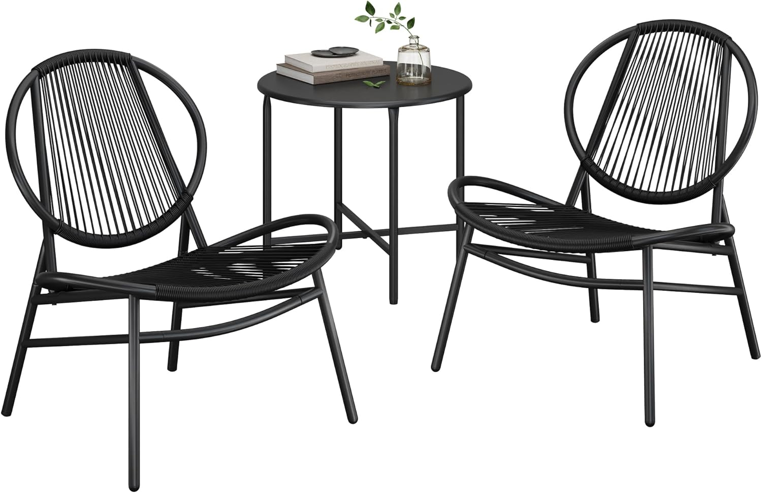 Patio Furniture Bistro Set Adult 3 Metal Acapulco Chairs with Side Table, Ink Black