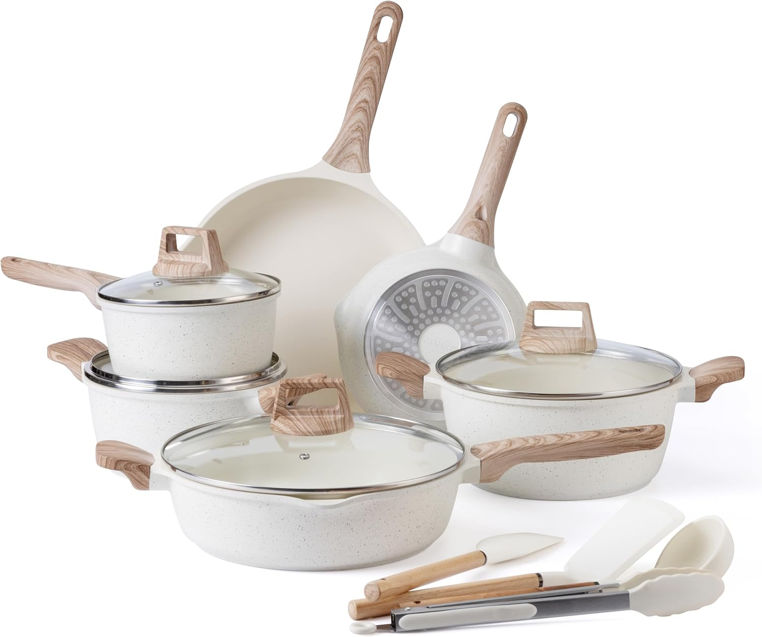 Cream Nonstick Aluminum Cookware Set with Wood Handles, 14 Pieces