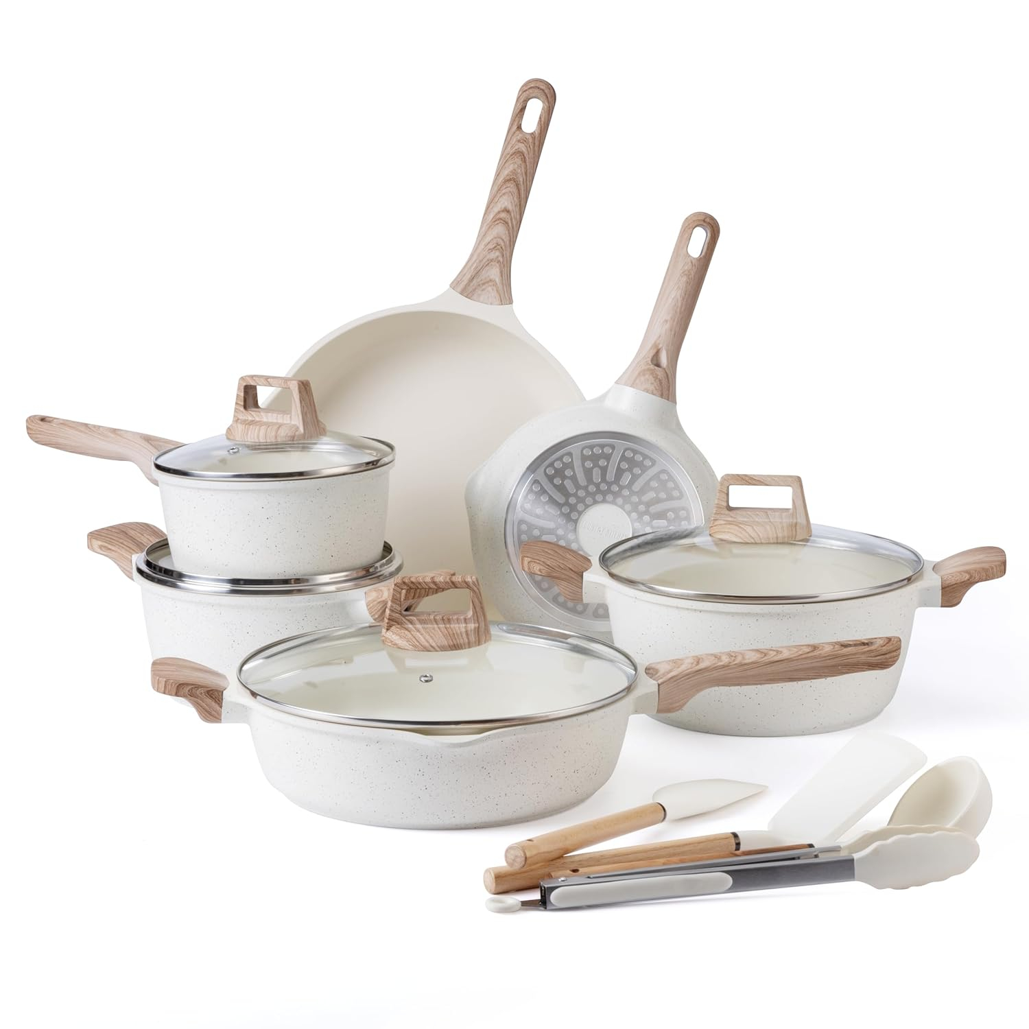Cream Nonstick Aluminum Cookware Set with Wood Handles, 14 Pieces