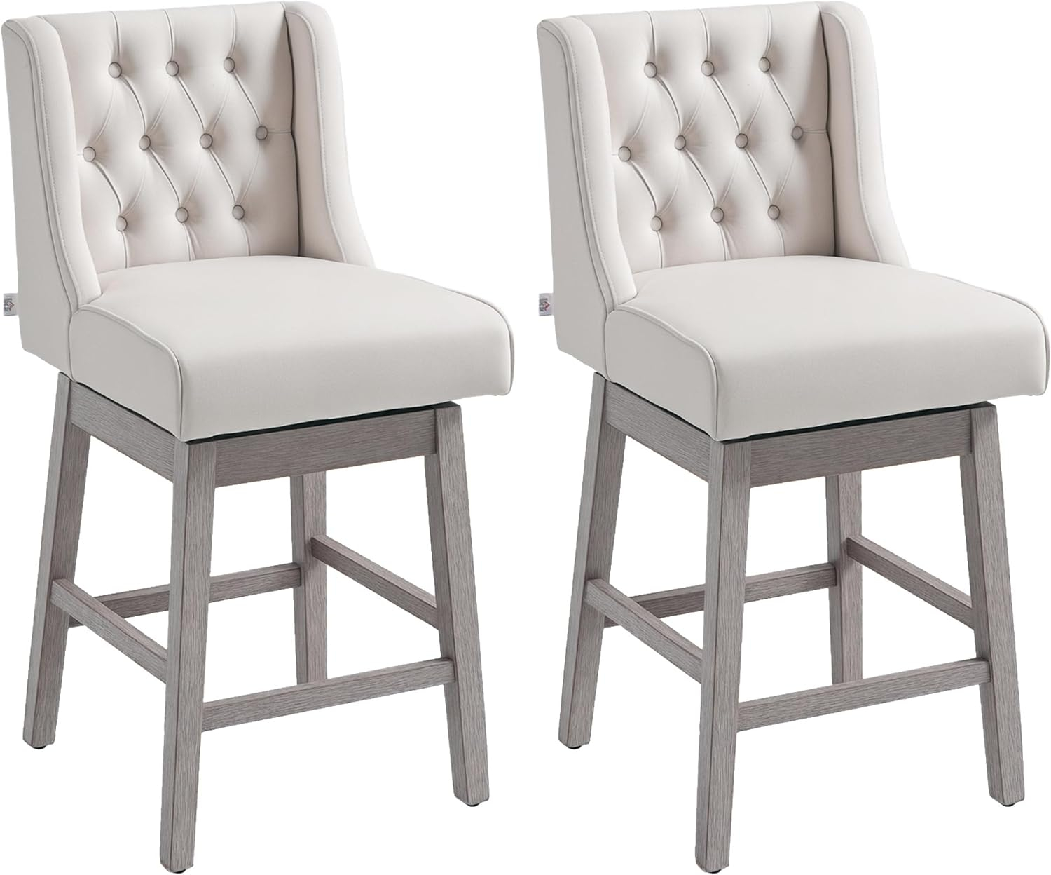 HOMCOM Counter Height Bar Stools Set of 2, 180 Degree Swivel Barstools, 27" Seat Height Bar Chairs with Solid Wood Footrests and Button Tufted Design, Beige