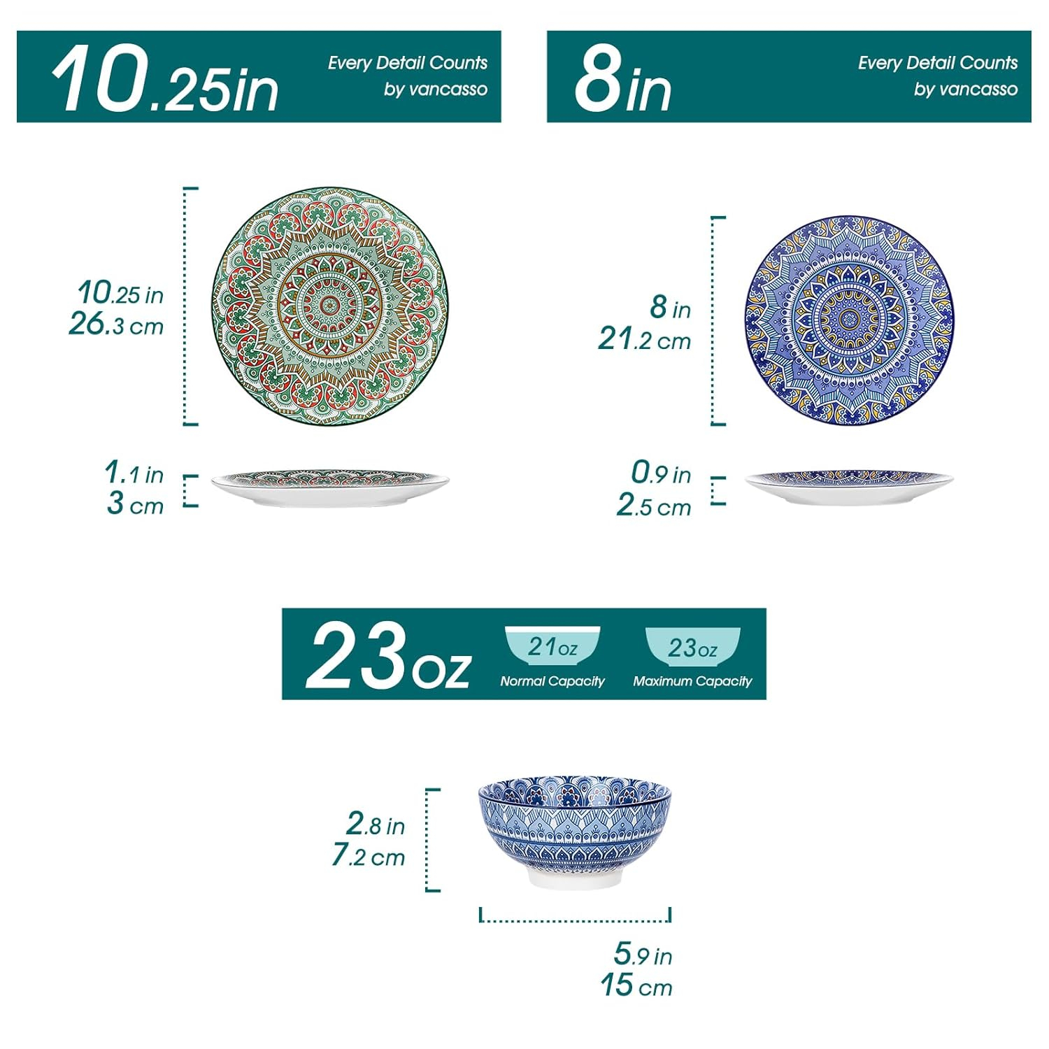 vancasso Mandala 12 Pieces Dinnerware Sets, Porcelain Dinner Set for 4, Boho Plates and Bowls Set, Colorful Dish Sets