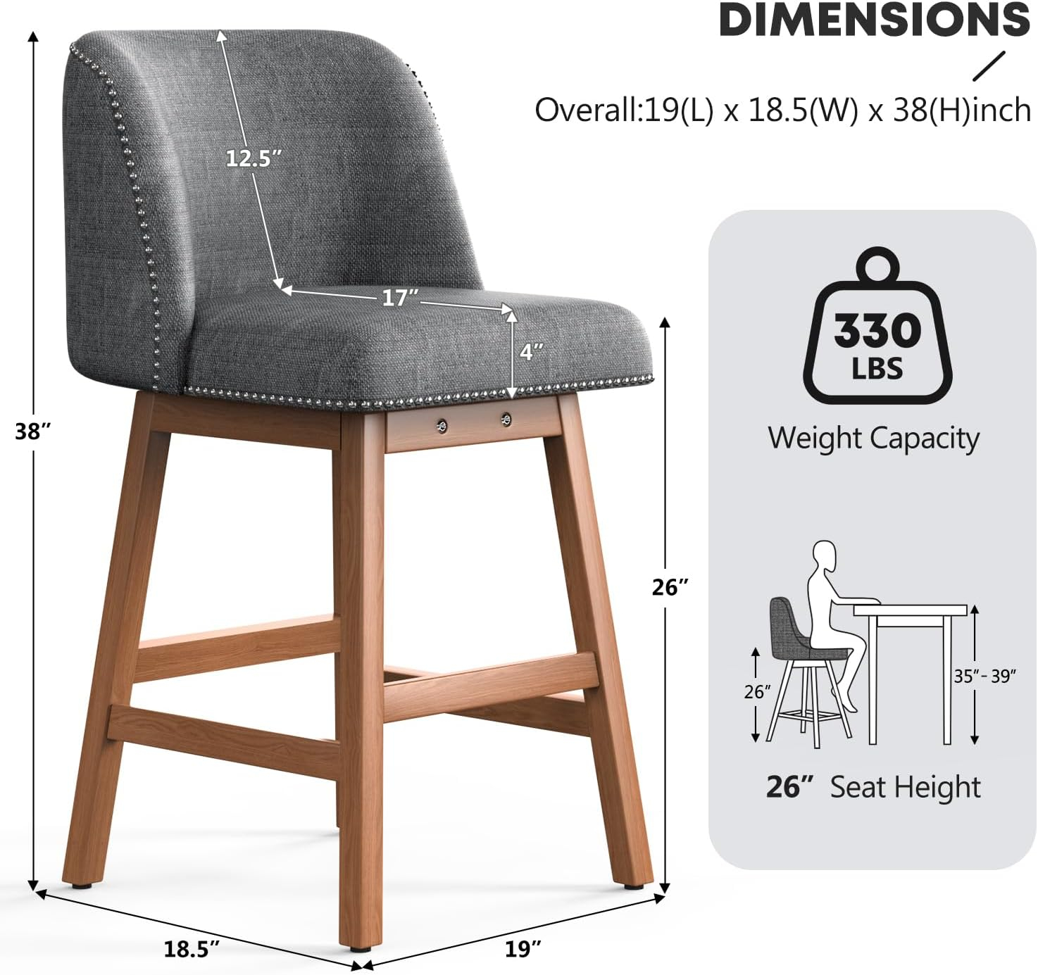 George Oliver Bar Stools Set of 2 Counter Height Chairs with Footrest for Kitchen, Dining Room And 360 Degree Solid Wood Legs Swivel Bar Stools Set of 2(Linen)