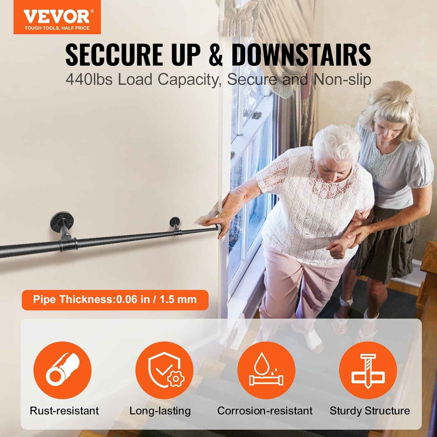 Black PVC and Stainless Steel Stair Handrail, 39.37 in