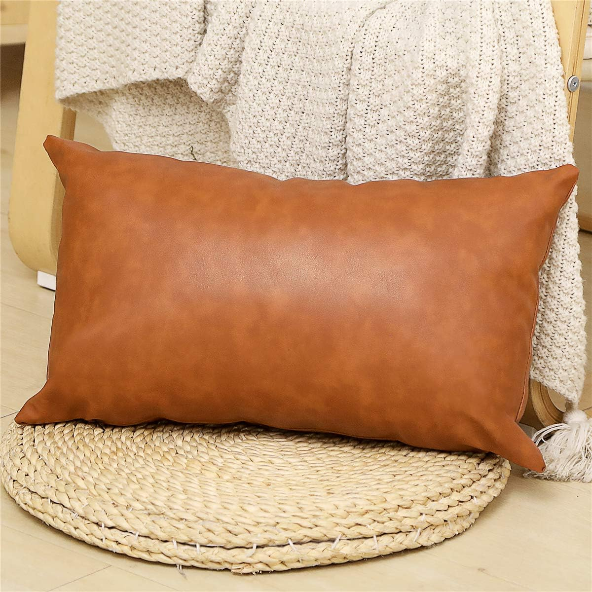 SEEKSEE Faux Leather Lumbar Pillow Cover 12x20 inch, Modern Country Style Decorative Lumbar Pillow for Bedroom Living Room Sofa Brown Accent Pillows.