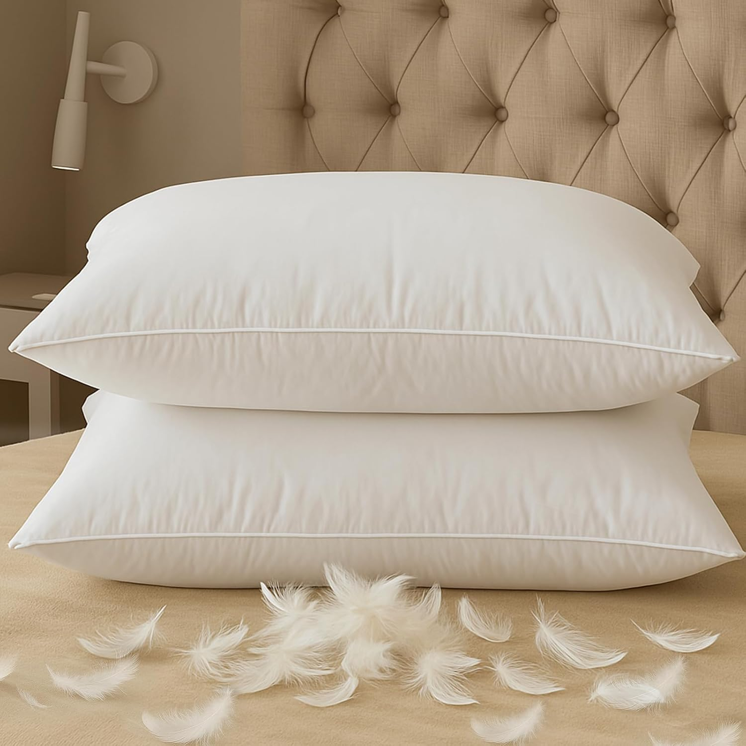 Peace Nest 2 Pack Feather Down Bed Pillows with Cotton Cover, Standard
