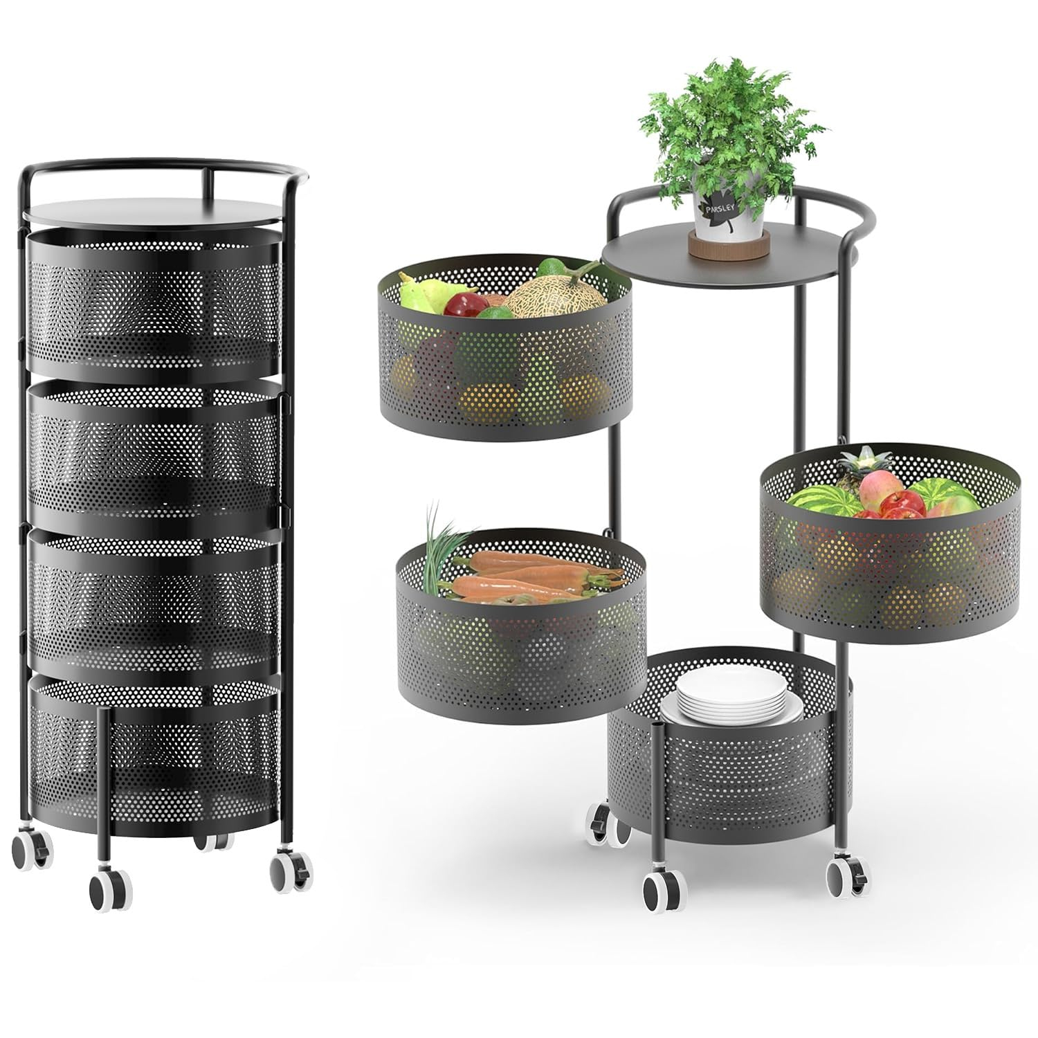 Rotating Kitchen Storage Rack No Assembly, 4-Tier Metal Storage Tower Basket Shelves Organizer on Rolling Wheels with Removal Drawers for Fruit Vegetable Grocery Corns Potato Onion (4-Tier, Black)