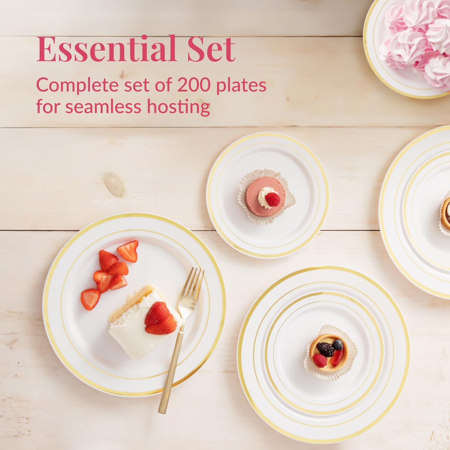 RAPTIZ 200Pc Gold Disposable Plates Set – 100 Dinner And 100 Salad Plates, White With Gold Rim – Heavy-Duty Plastic Plates For Party, Wedding, Holiday, Appetizer And Dessert