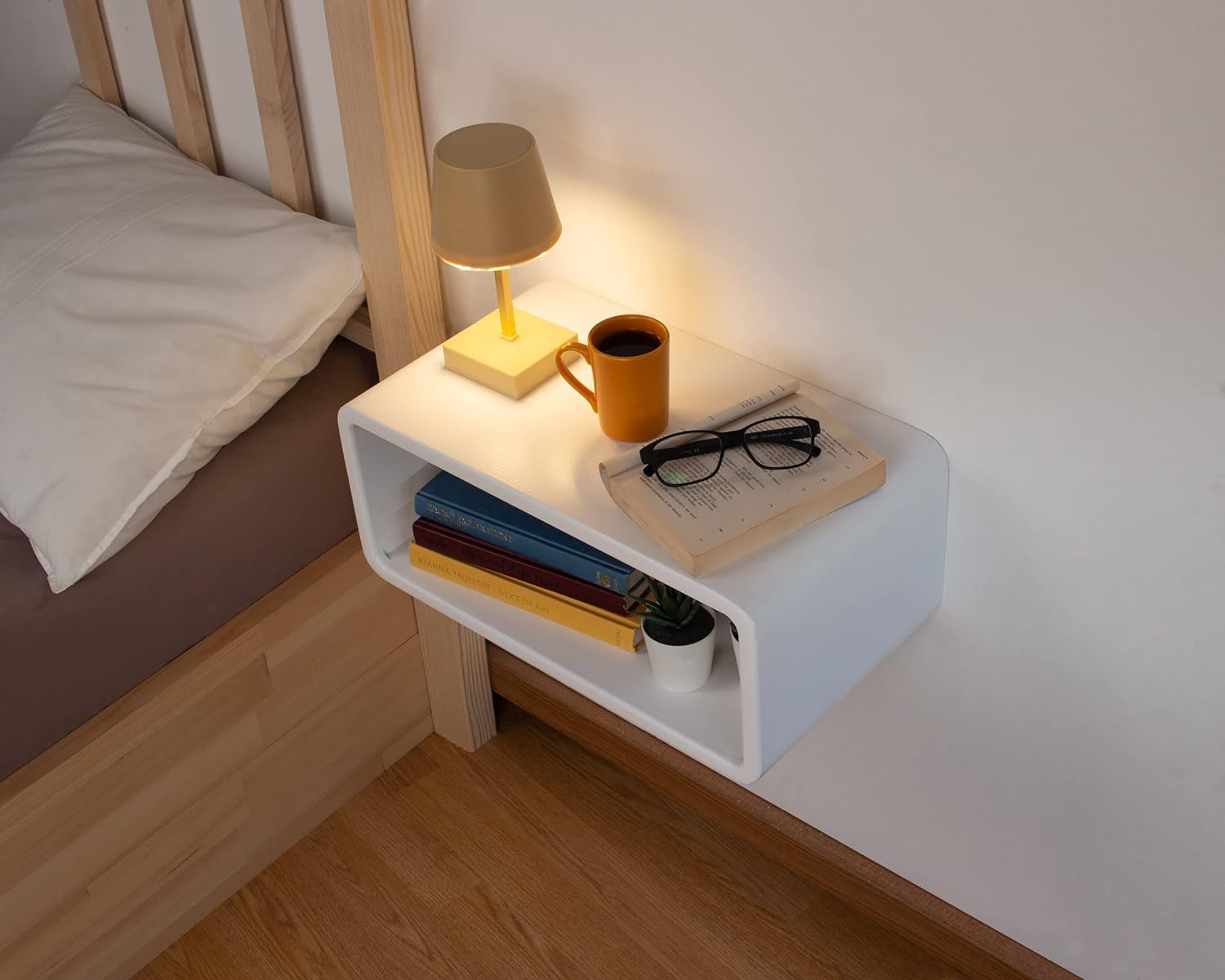 White Spruce Wood Floating Nightstand with Open Shelf