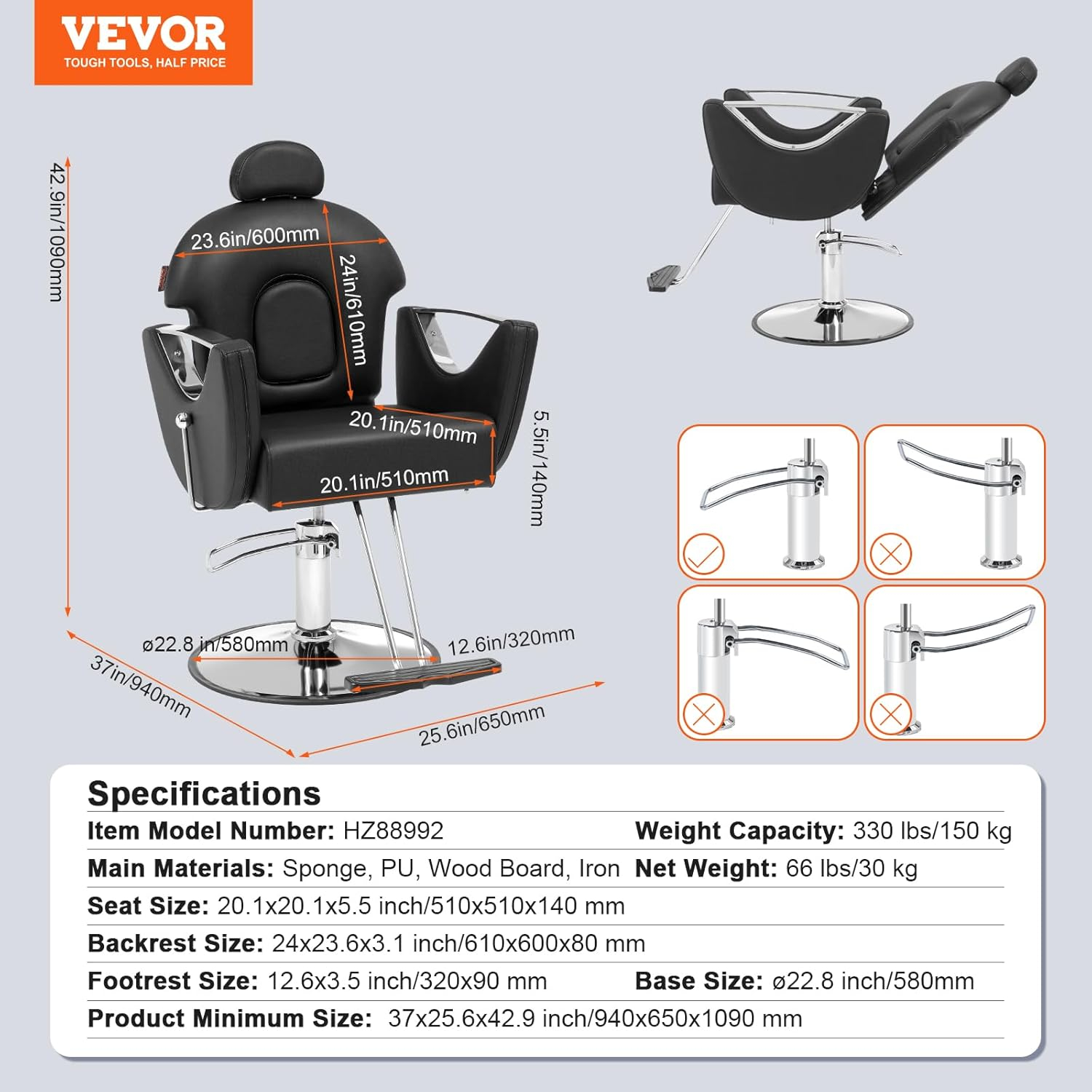 Salon Chair, Hydraulic Recliner Barber Chair for Hair Stylist, 360 Deg Swivel Reclining Salon Chair, Black - 330 lbs