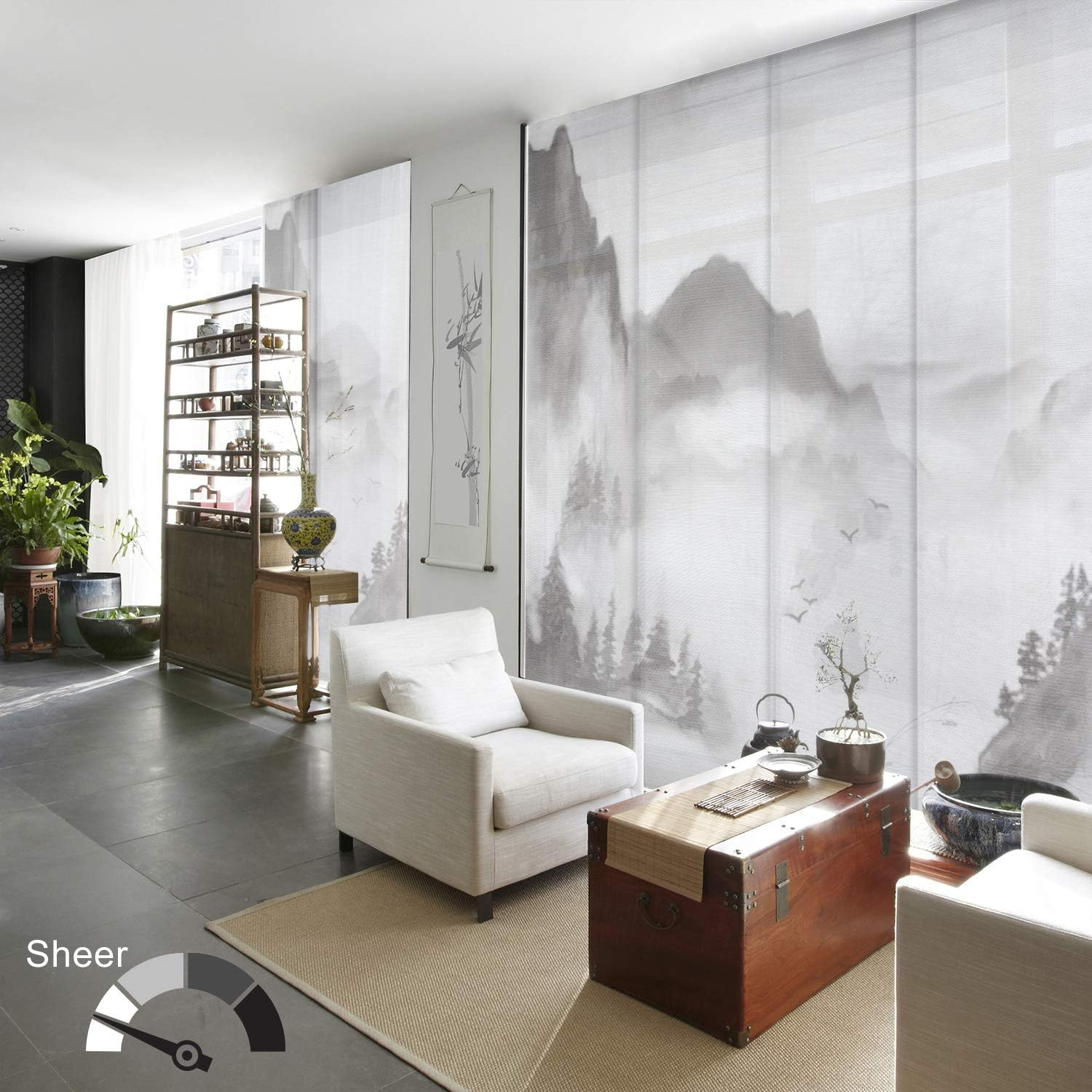 GoDear Design 4-Panel Single Rail 23-in Slat Width 86-in x 96-in Cordless Shangri-La Fabric Sheer Vertical blinds